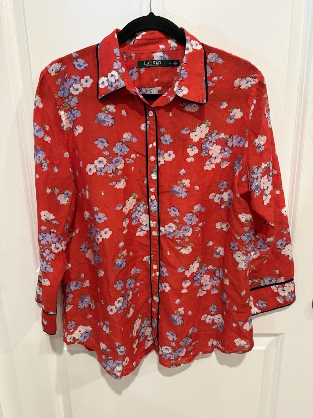 Lauren Ralph Lauren Shirt Womens Sz XL Bold Red Floral Long Sleeve Silk Blend